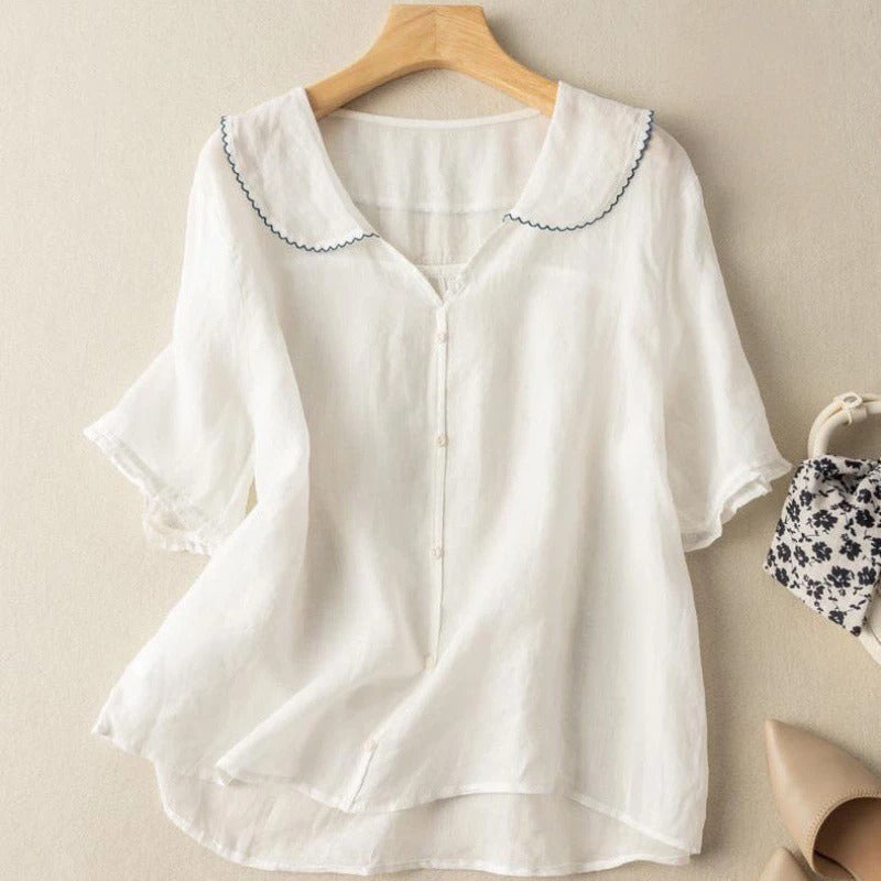 Anouk™ | Linnen Blouse met Scallopkraag
