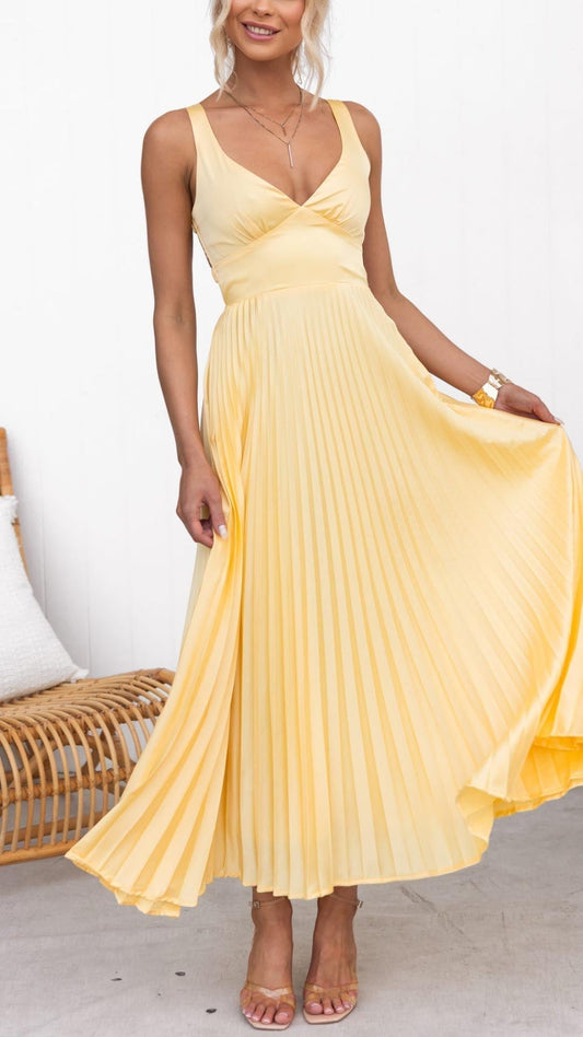 Noor™|Gele geplooide elegante V-hals maxi jurk