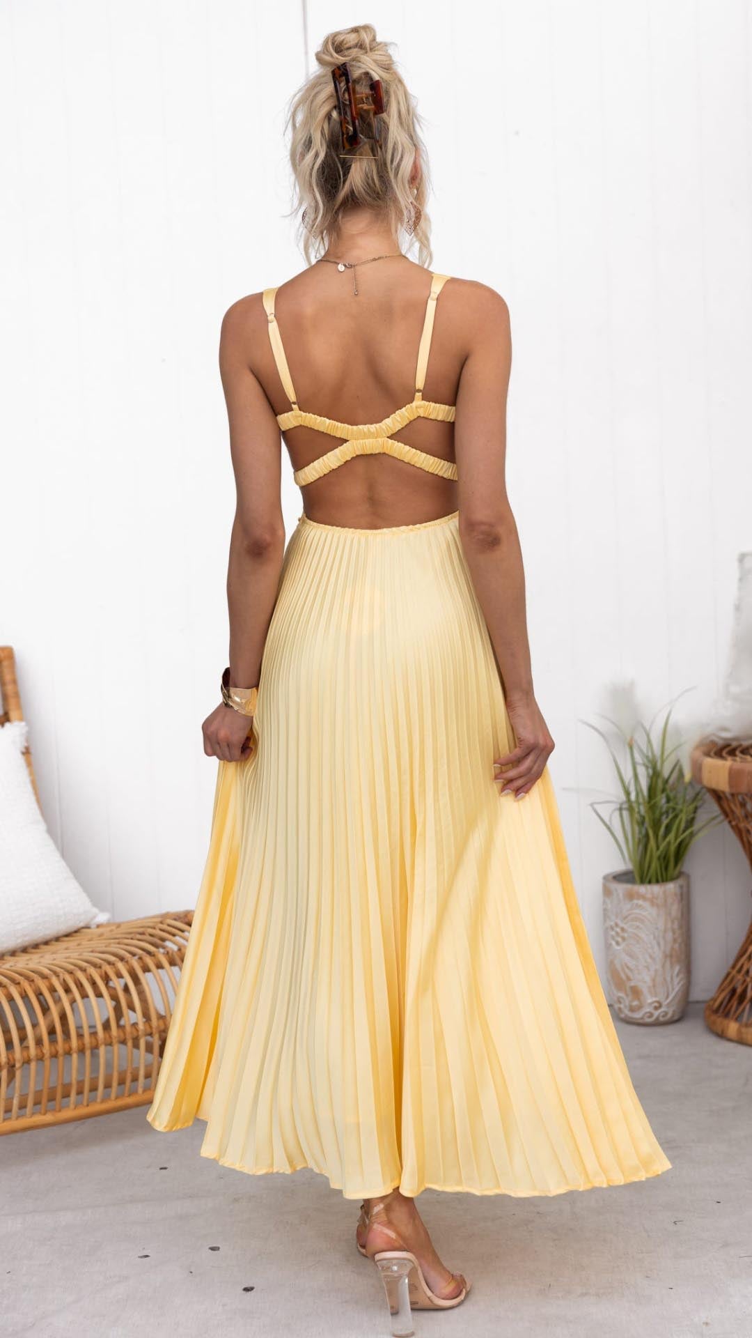 Noor™|Gele geplooide elegante V-hals maxi jurk